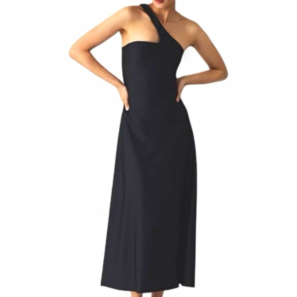 Delfi Collective from anthropologie Black One-Shoulder formal Midi Dress sz M